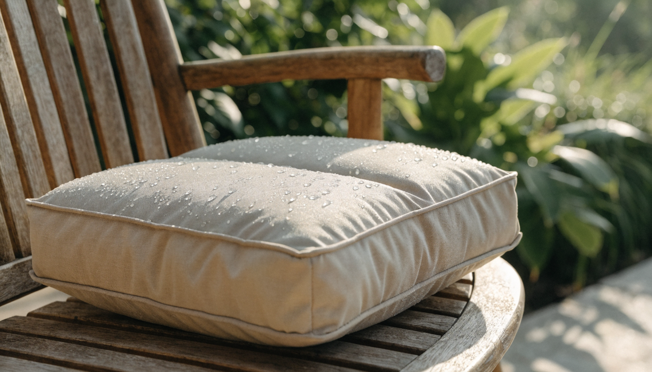 Coussin d'assise sur une chaise de jardin en bois, gouttes d'eau perlant sur le tissu déperlant Image