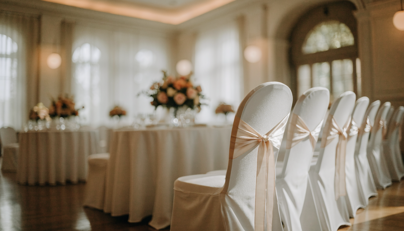 Rangée de chaises habillées de housses blanches nouées d'un ruban satiné dans une salle de mariage Image