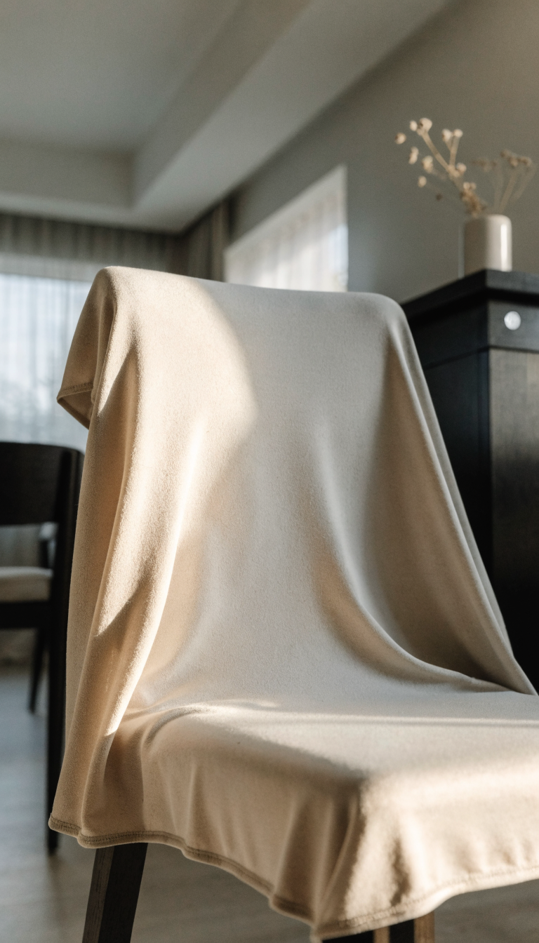 Chaise habillée d'une housse extensible beige, vue verticale