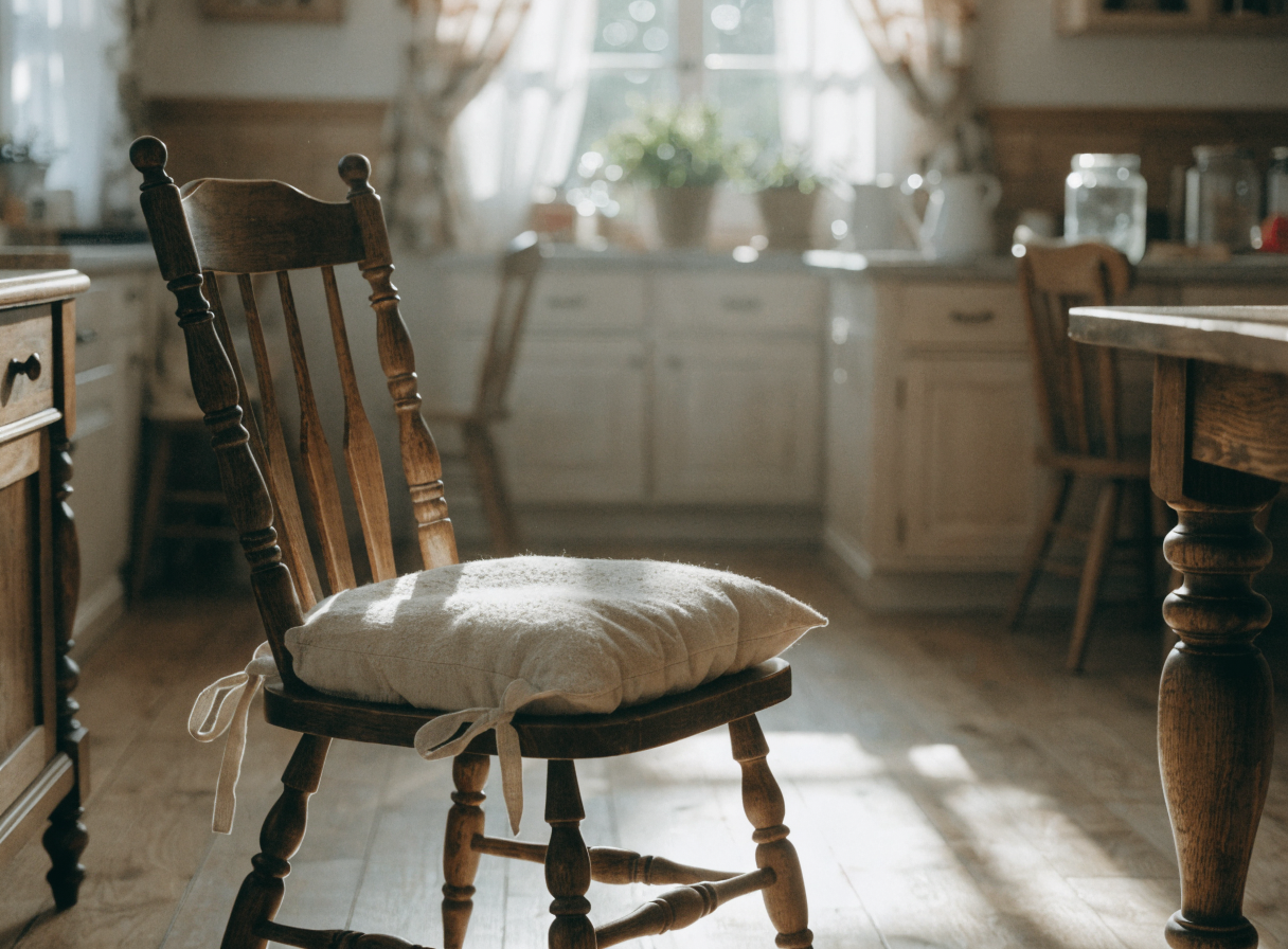 Coussin épais noué sur une chaise de cuisine en bois Image