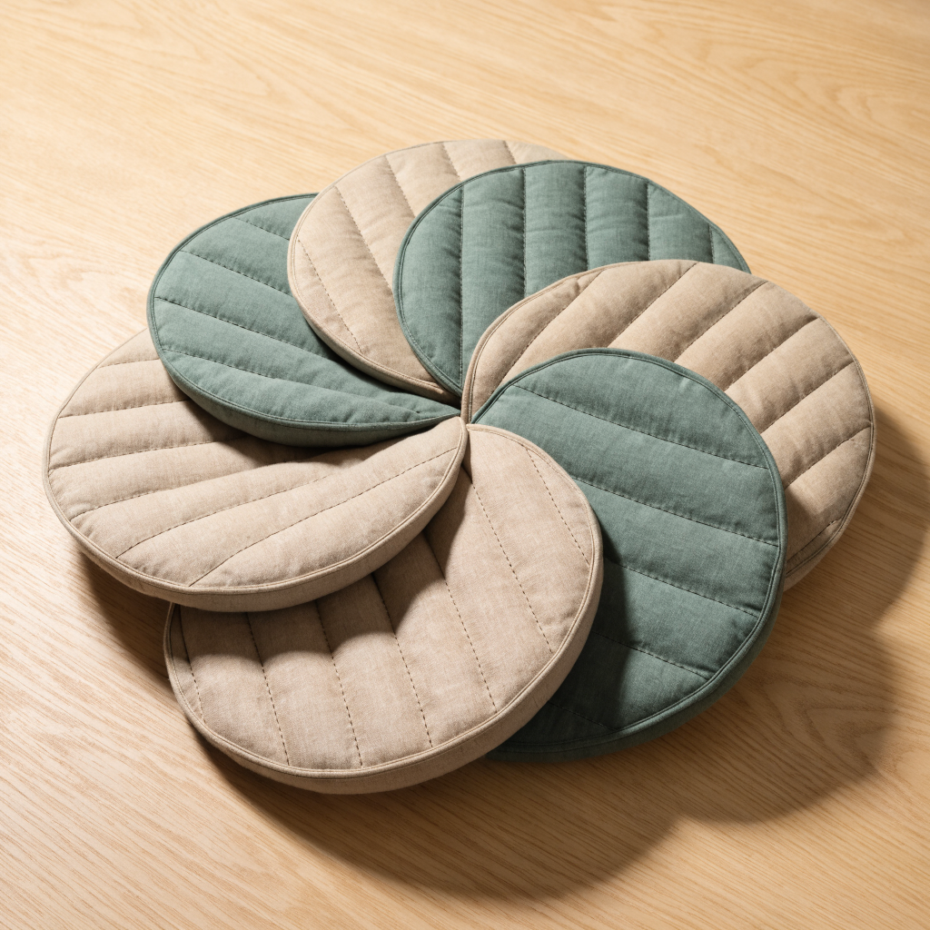 Galettes de chaise rondes beiges et vert sauge disposées en éventail