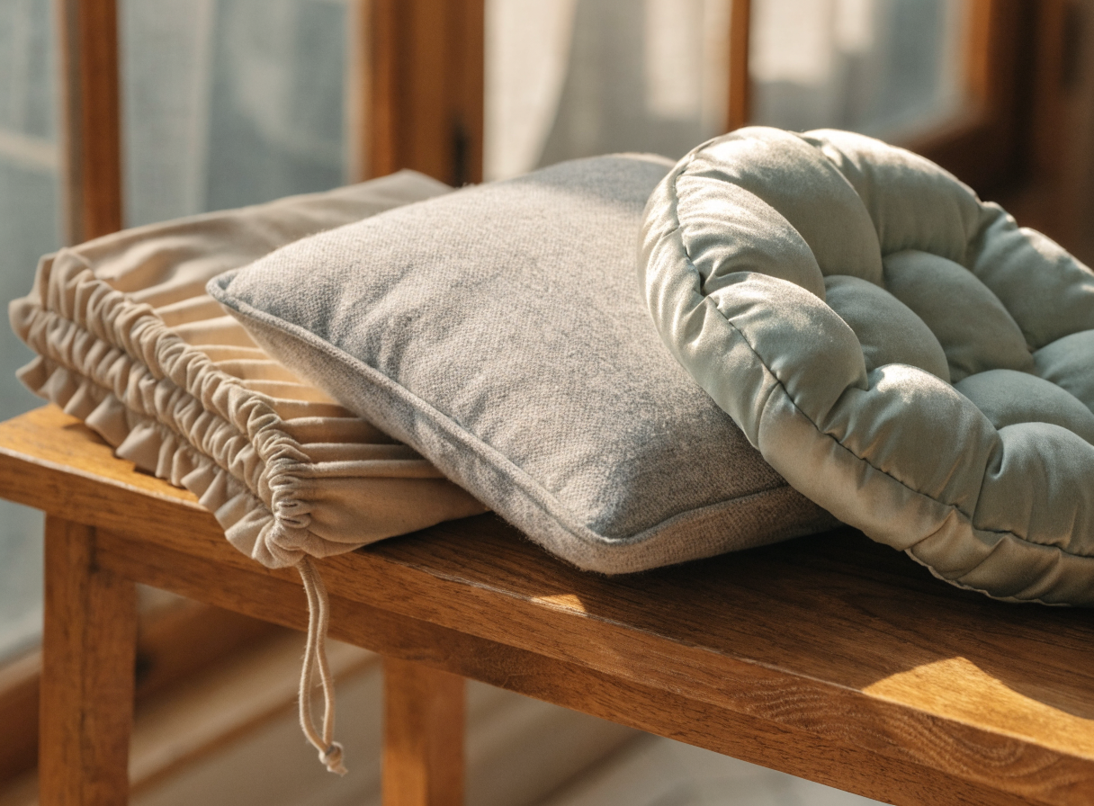 Housse pliée, coussin carré et galette ronde réunis sur un banc en bois Image