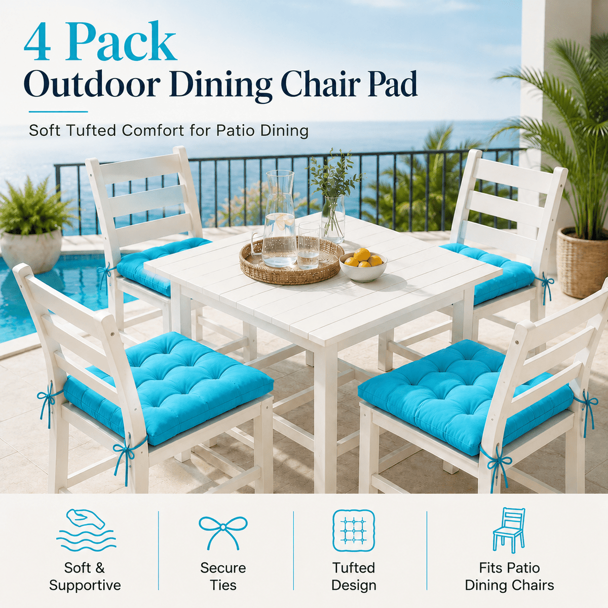 Coussin de chaise 38x38 à liens, lot de 4 pour terrasse