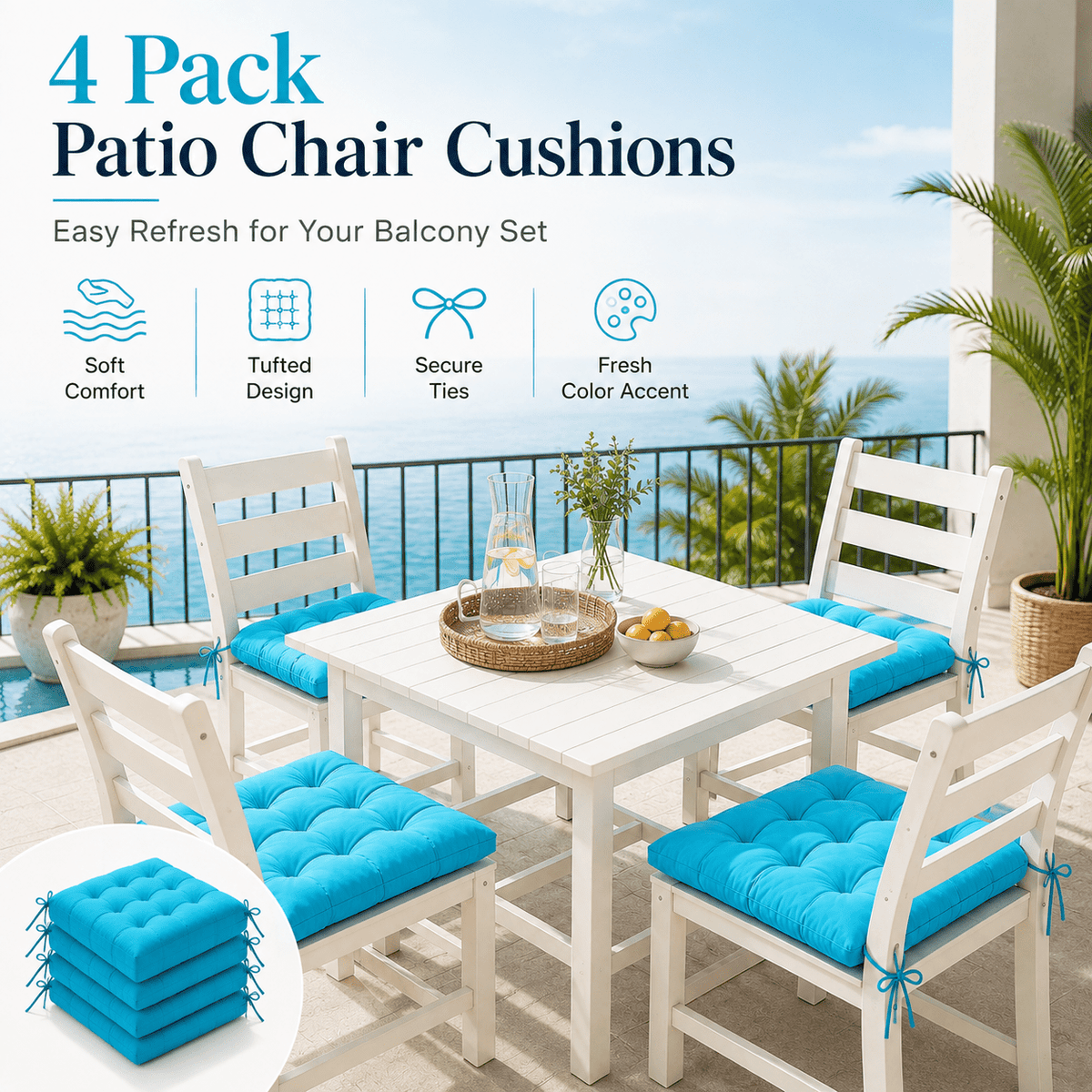 Coussin de chaise 38x38 à liens, lot de 4 pour terrasse