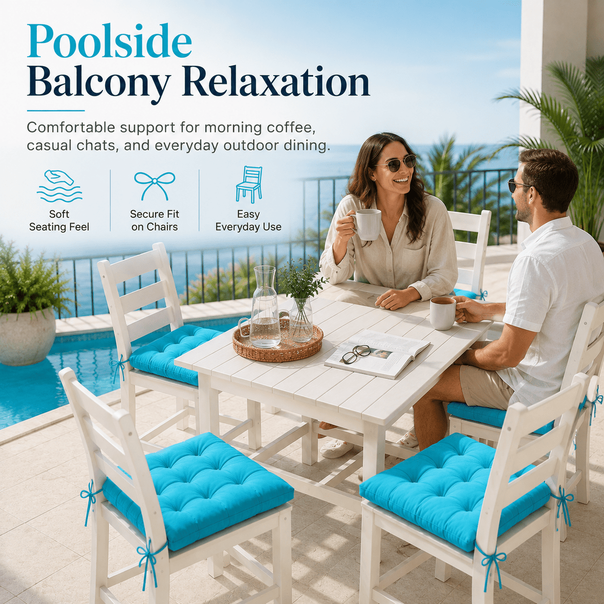 Coussin de chaise 38x38 à liens, lot de 4 pour terrasse