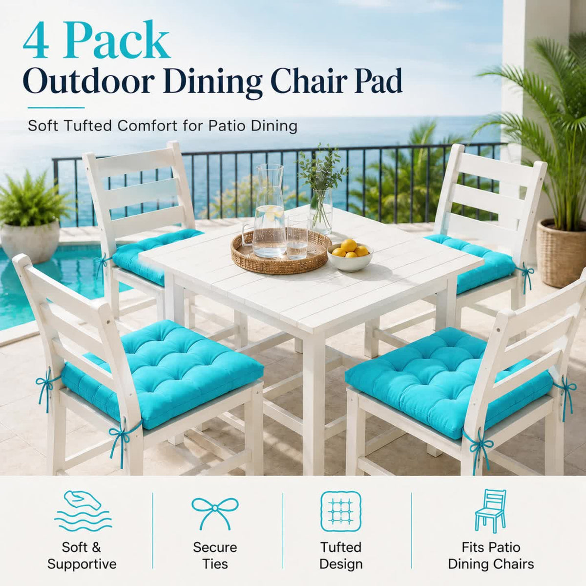Coussin de chaise 38x38 à liens, lot de 4 pour terrasse