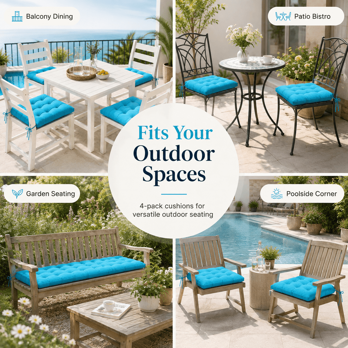 Coussin de chaise 38x38 à liens, lot de 4 pour terrasse