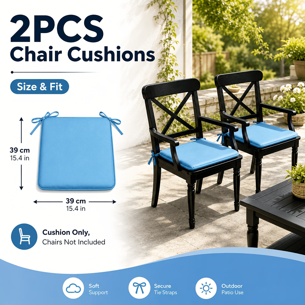 Coussin de chaise bleu 39x39 cm, lot de 2 à nouer au dossier