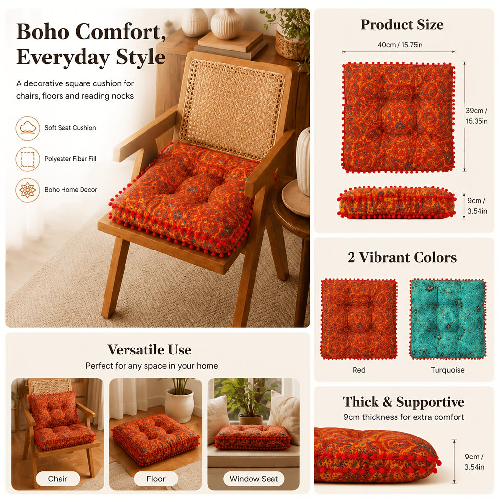 Coussin de chaise carré épais 9 cm à pompons, motif bohème