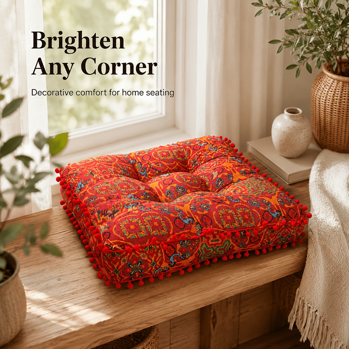 Coussin de chaise carré épais 9 cm à pompons, motif bohème