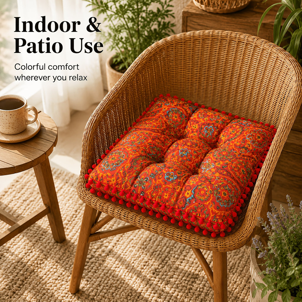 Coussin de chaise carré épais 9 cm à pompons, motif bohème