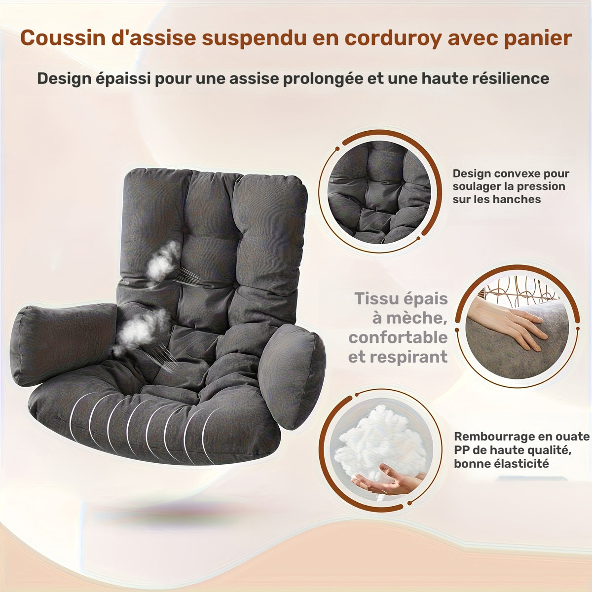 Coussin de chaise de jardin 120 cm avec accoudoirs, 6 teintes
