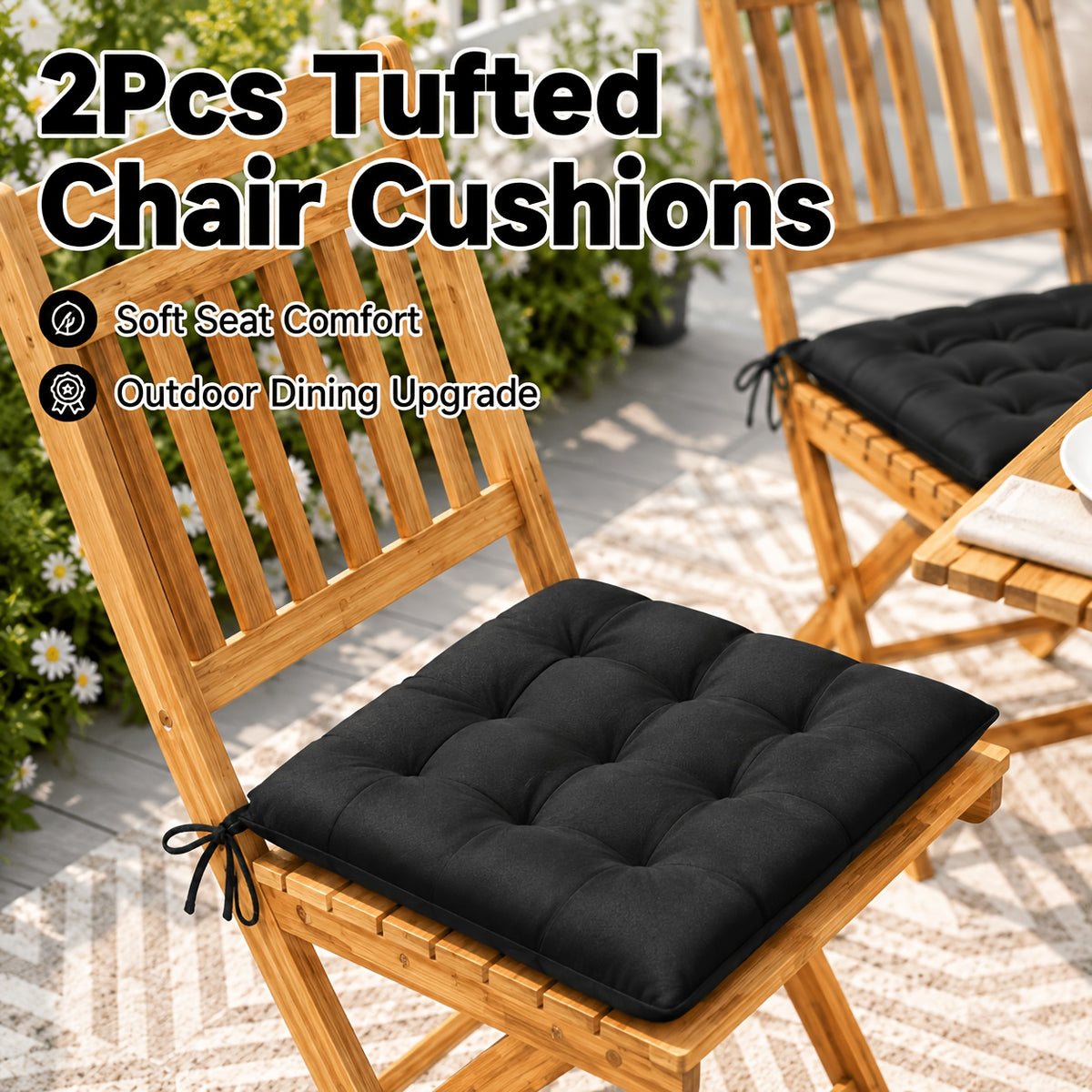 Coussin de chaise de jardin capitonné 38 x 38 cm, lot de 2