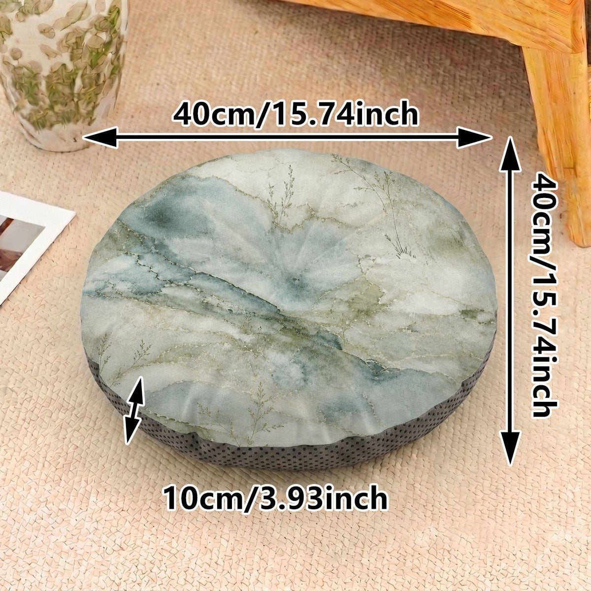 Coussin de chaise rond imprimé marbre vert d'eau, 40 cm