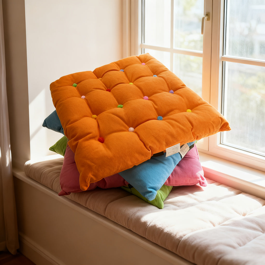 Coussin de chaise en lin 40x40, lot de 2 à pompons colorés