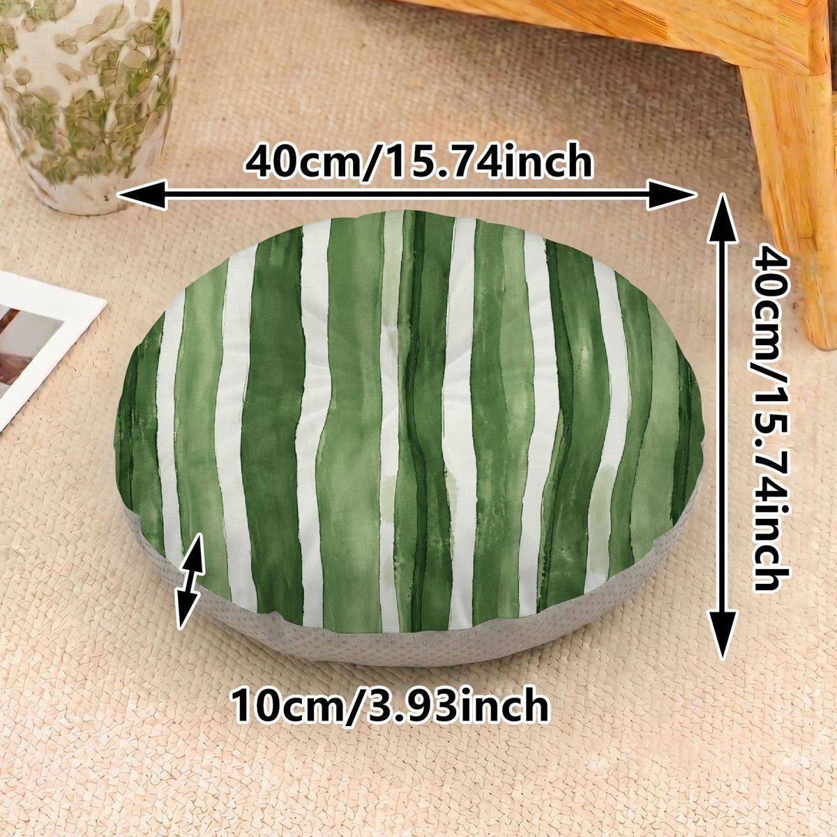 Coussin de chaise rond rayé vert, Ø 40 cm sur 10 cm d'épaisseur