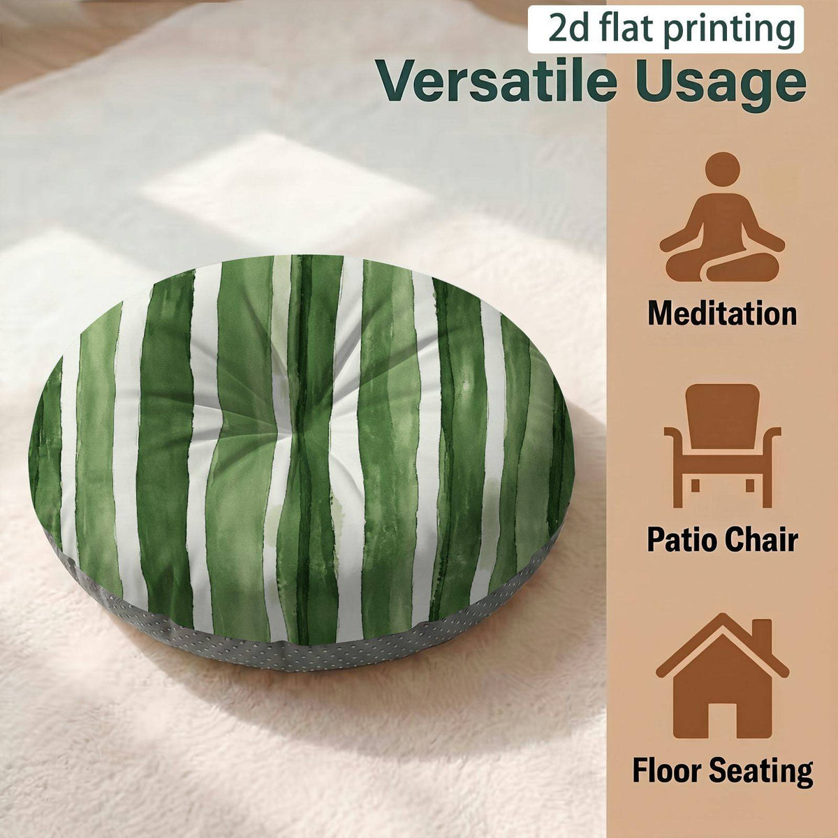 Coussin de chaise rond rayé vert, Ø 40 cm sur 10 cm d'épaisseur