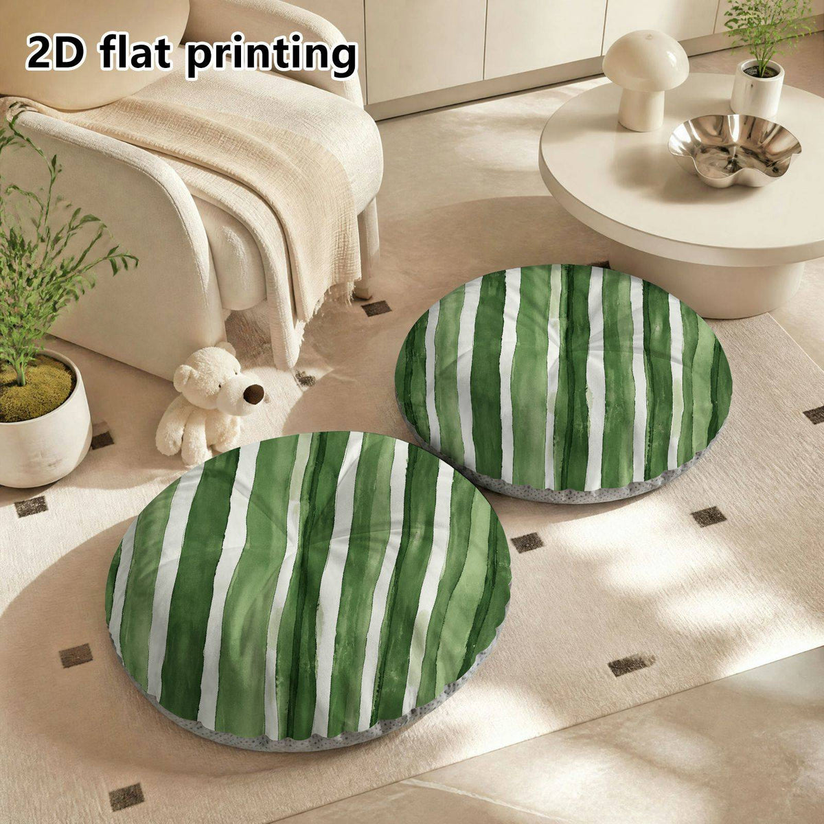Coussin de chaise rond rayé vert, Ø 40 cm sur 10 cm d'épaisseur