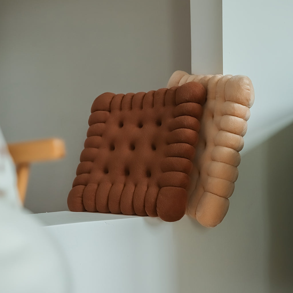 Coussin de chaise rond façon biscuit beige, peluche courte