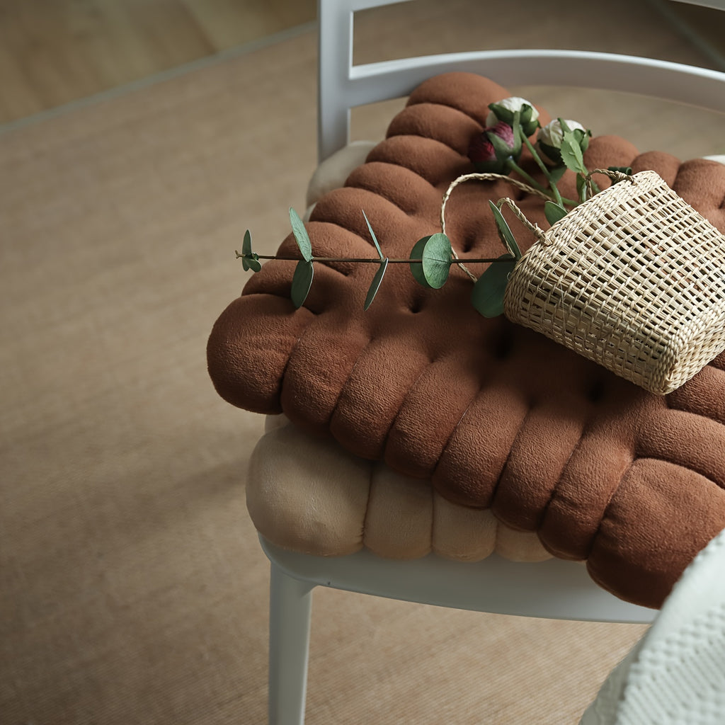 Coussin de chaise rond façon biscuit beige, peluche courte