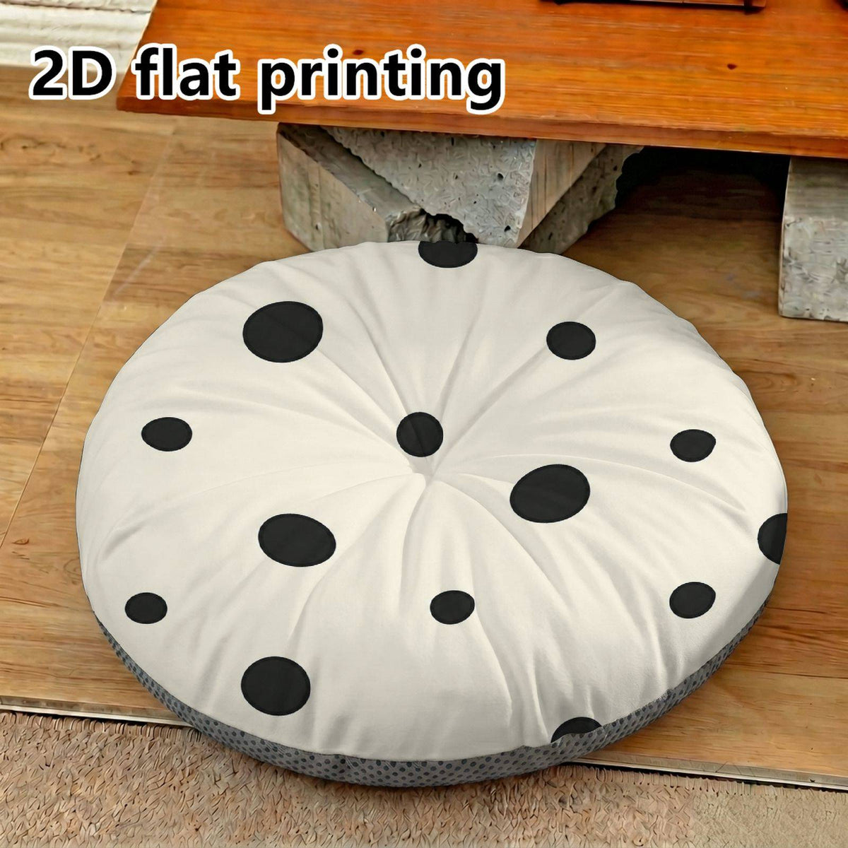 Coussin de chaise rond écru à pois noirs, 40 cm sur 10 cm