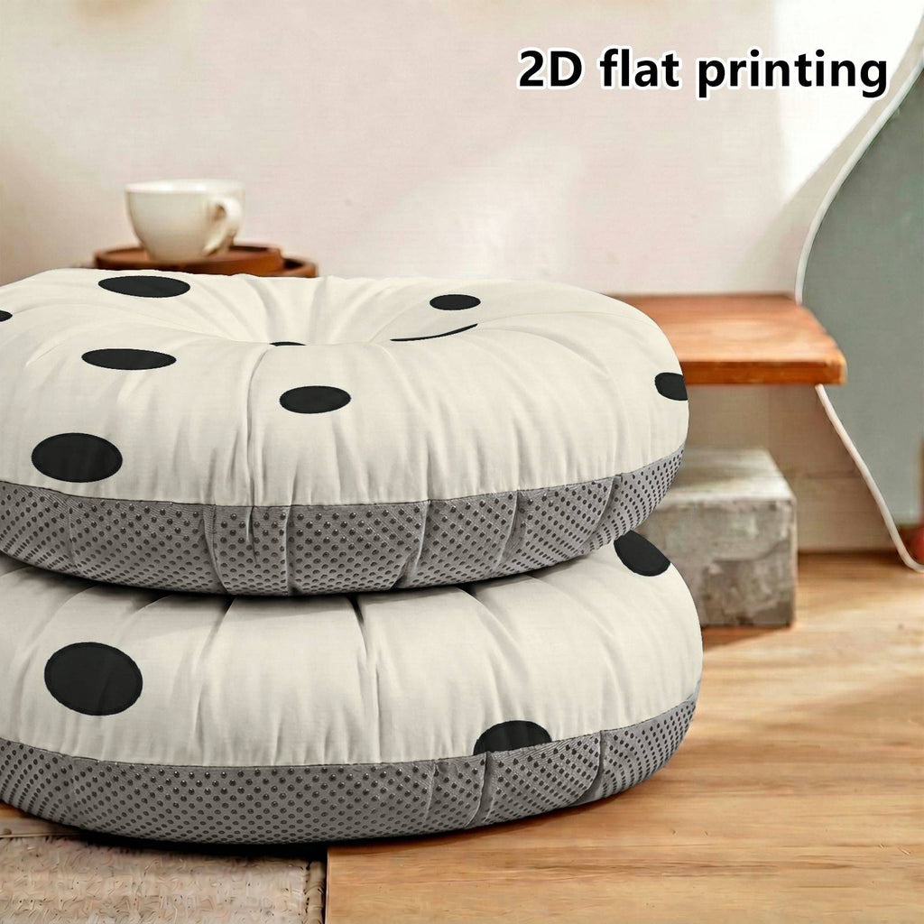 Coussin de chaise rond écru à pois noirs, 40 cm sur 10 cm