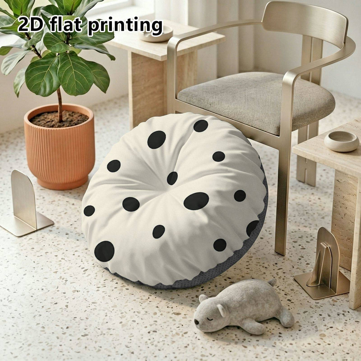 Coussin de chaise rond écru à pois noirs, 40 cm sur 10 cm