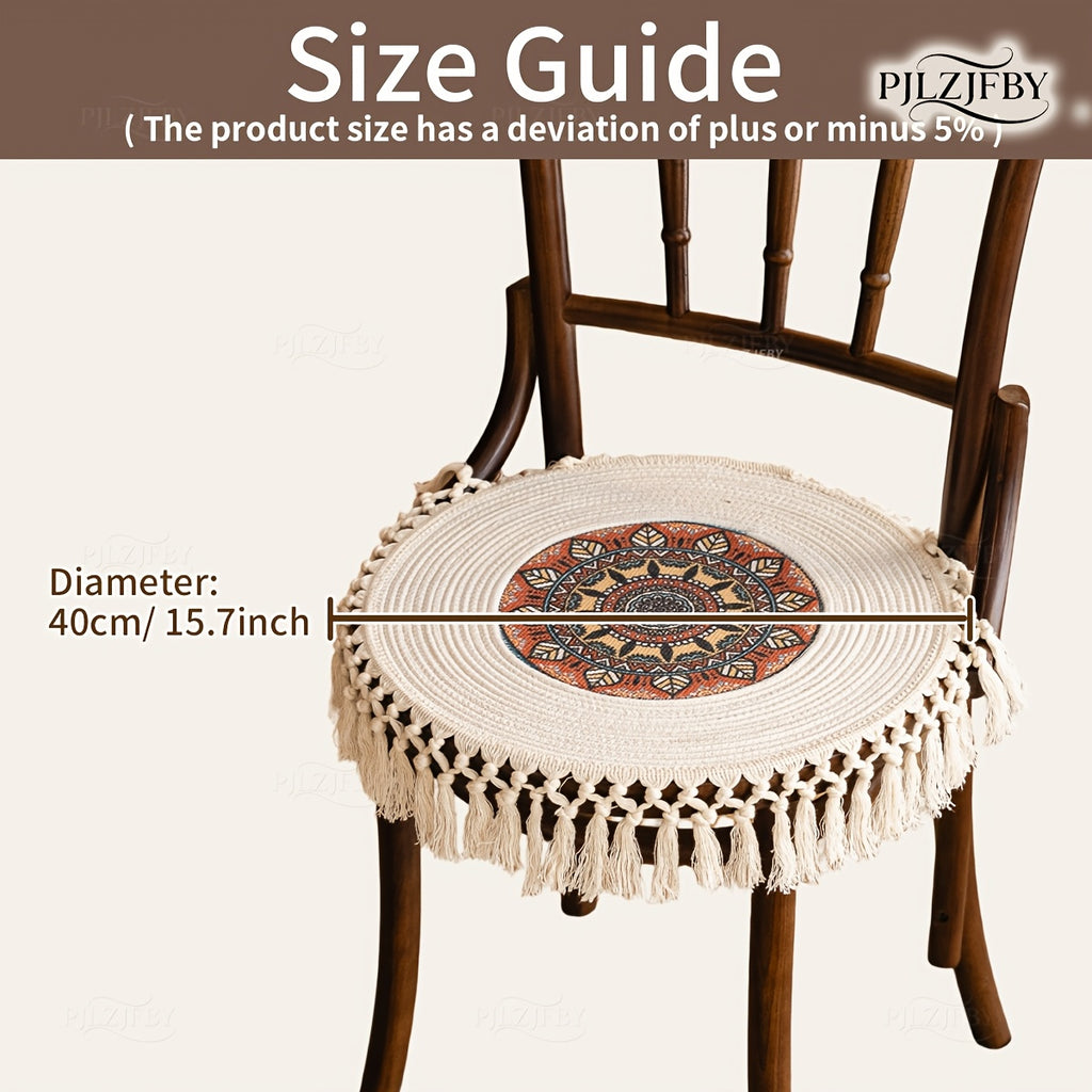 Galette de chaise ronde de 40 cm à franges et pompons macramé