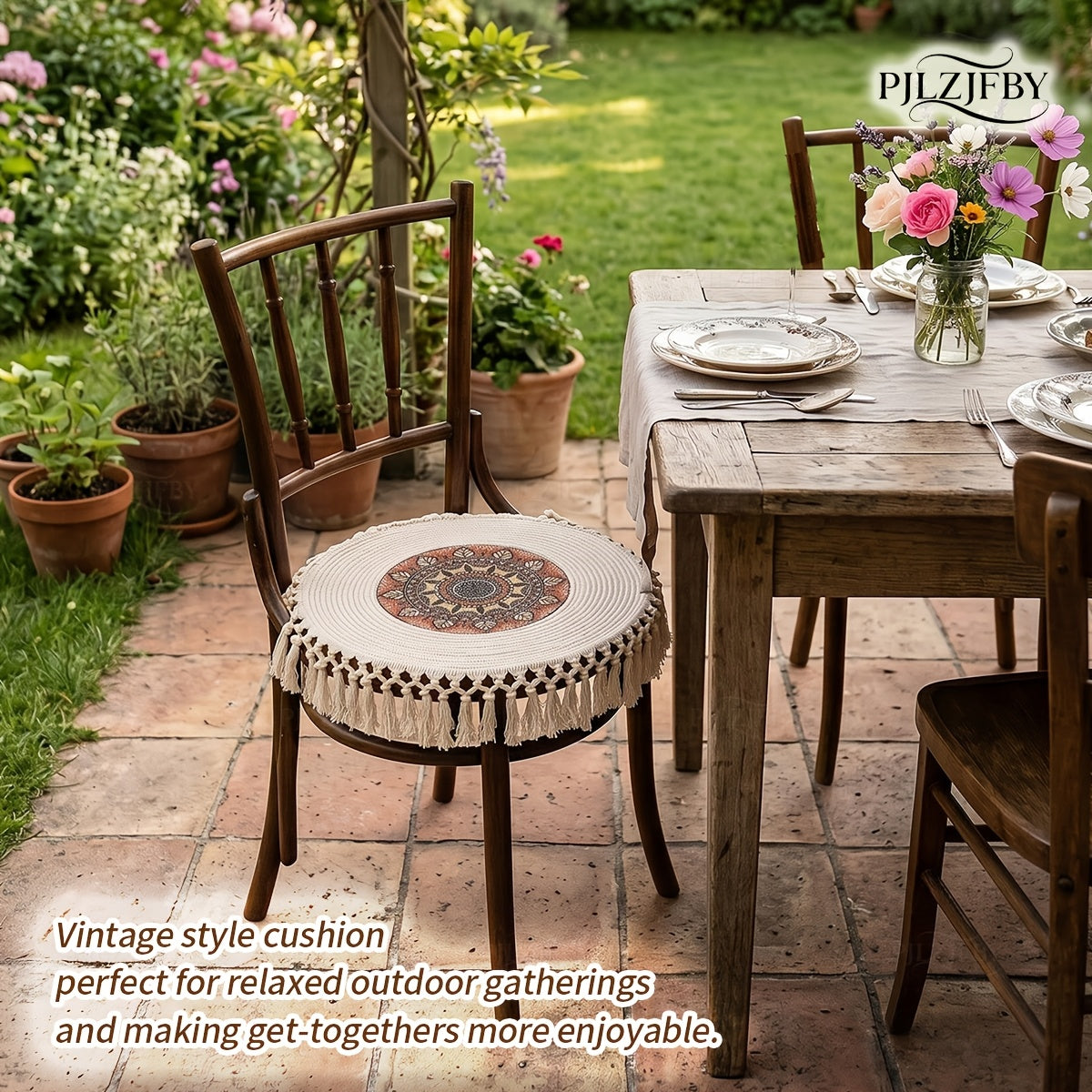Galette de chaise ronde de 40 cm à franges et pompons macramé