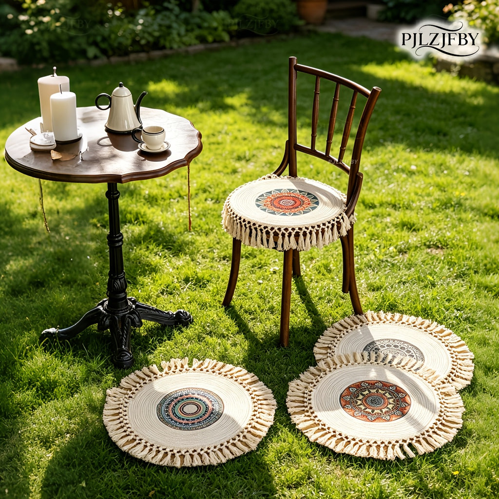 Galette de chaise ronde de 40 cm à franges et pompons macramé