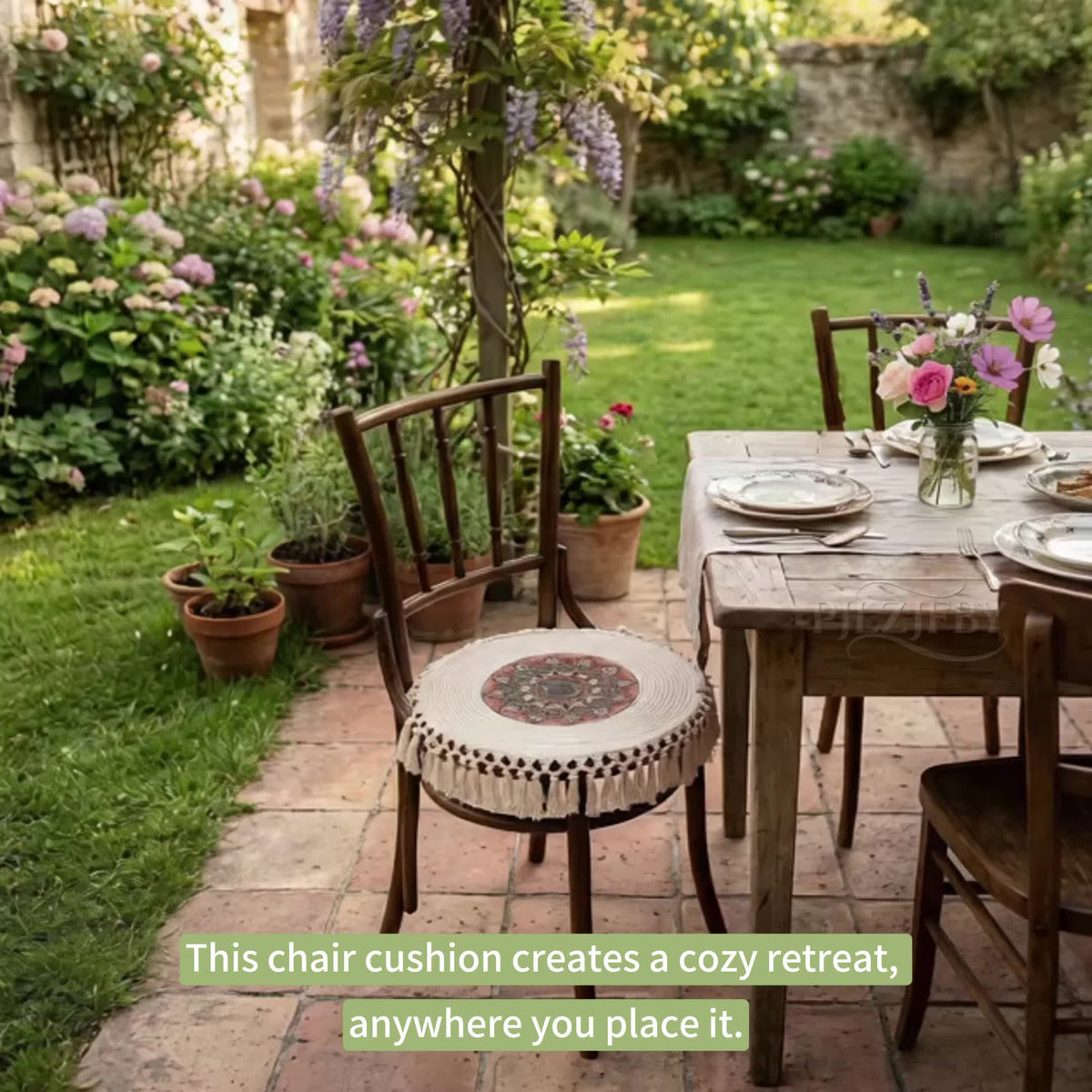 Galette de chaise ronde de 40 cm à franges et pompons macramé