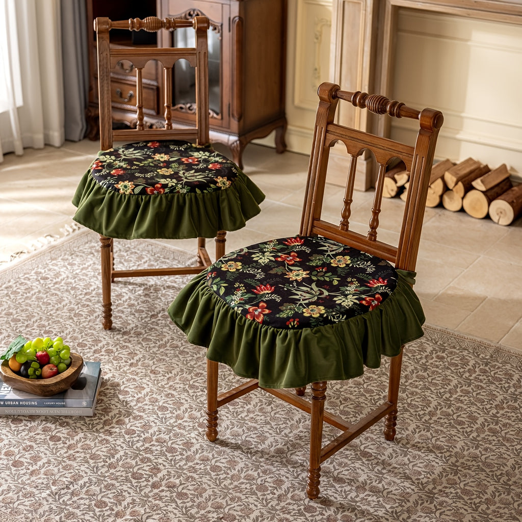 Galette de chaise ronde 45 cm, volant vert et imprimé fleuri