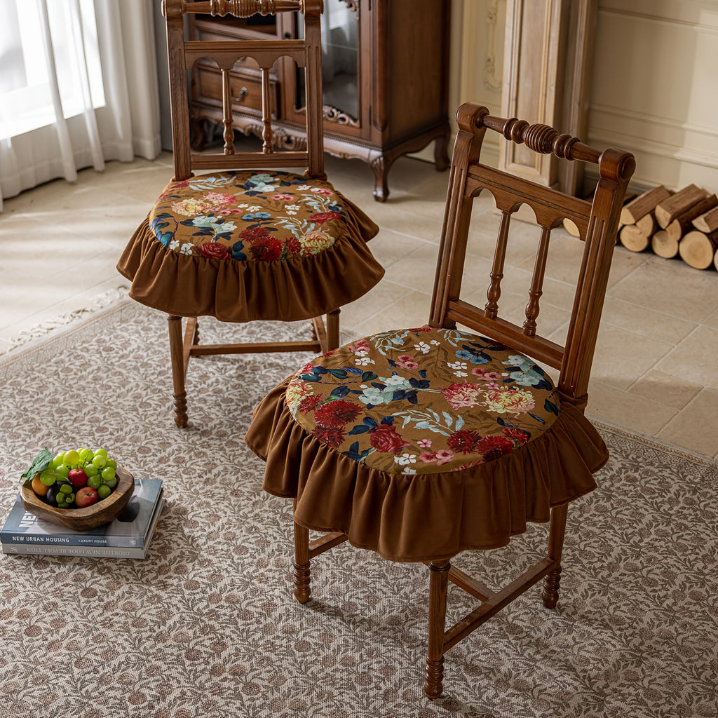 Galette de chaise ronde 45 cm, volant vert et imprimé fleuri