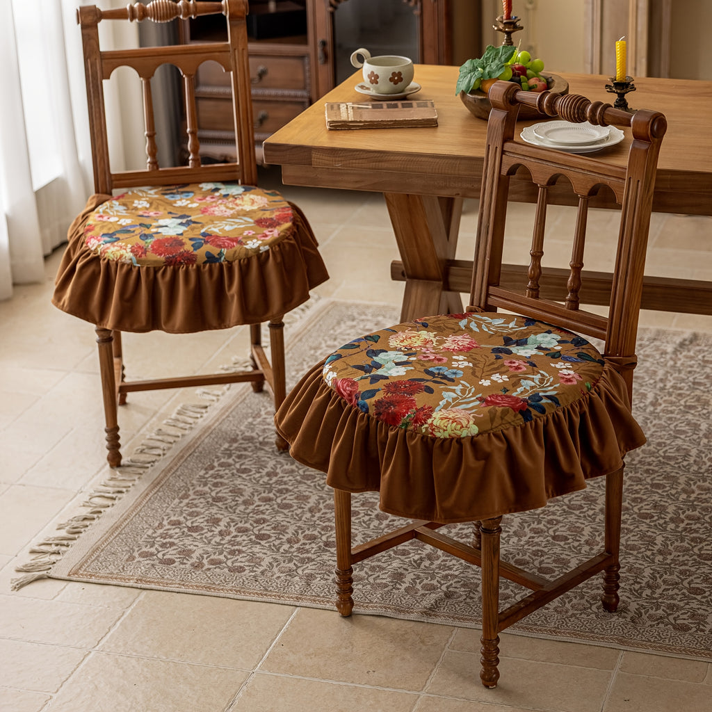 Galette de chaise ronde 45 cm, volant vert et imprimé fleuri