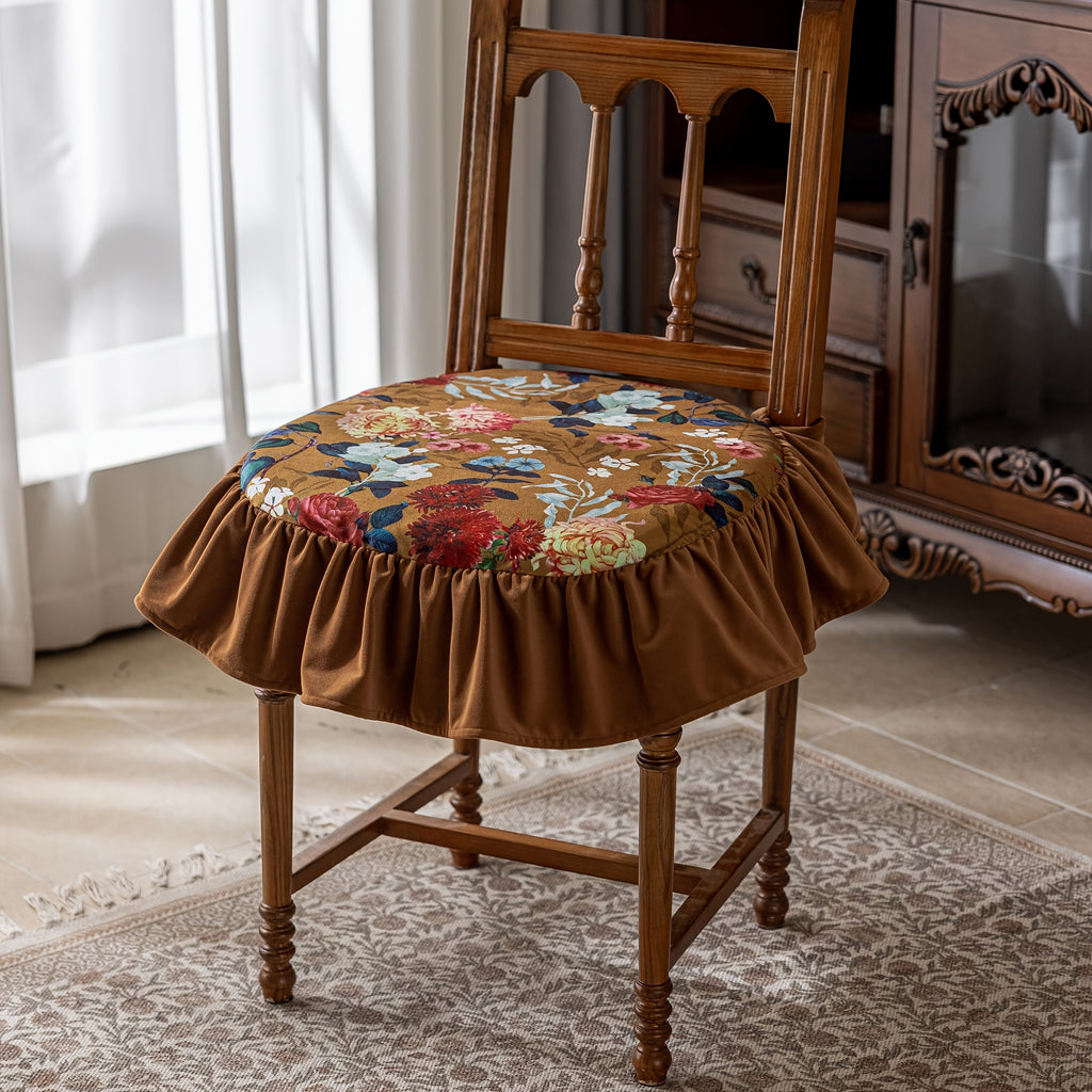 Galette de chaise ronde 45 cm, volant vert et imprimé fleuri