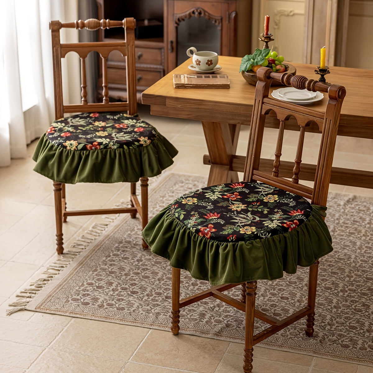 Galette de chaise ronde 45 cm, volant vert et imprimé fleuri