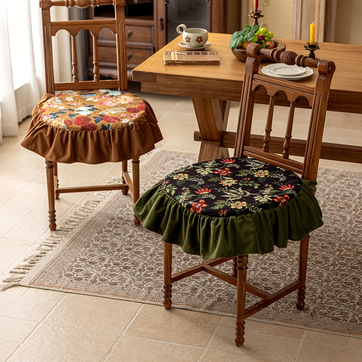 Galette de chaise ronde 45 cm, volant vert et imprimé fleuri