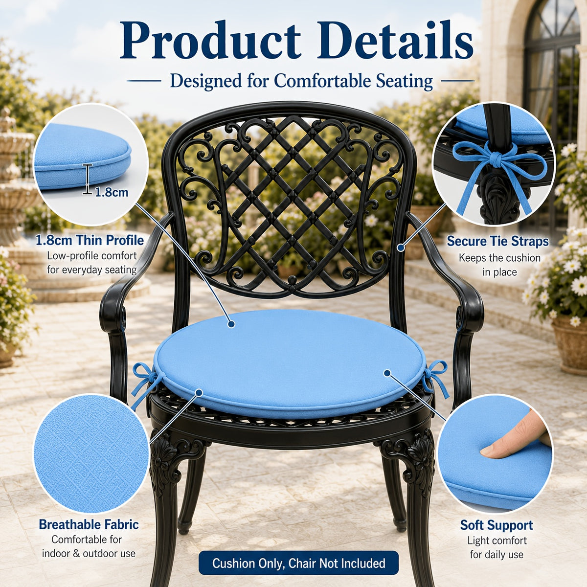 Galette de chaise ronde d'extérieur Ø 38 cm à nouettes, lot de 4