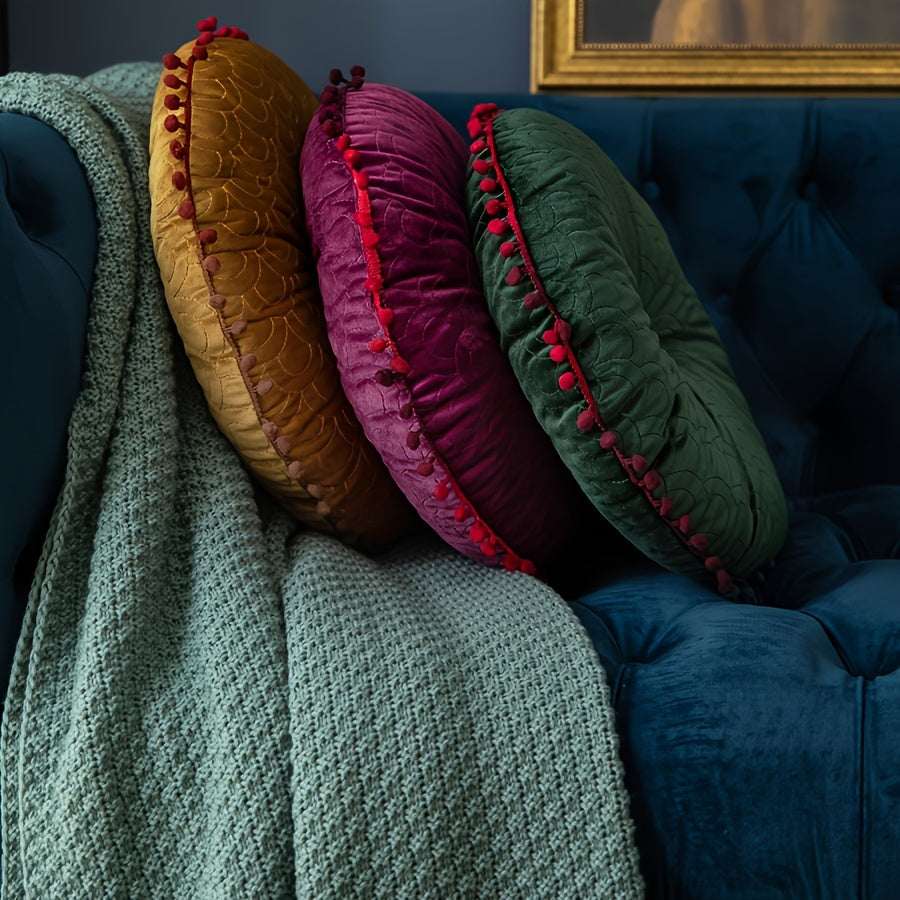 Galette de chaise ronde en velours matelassé à pompons, Ø 40 cm