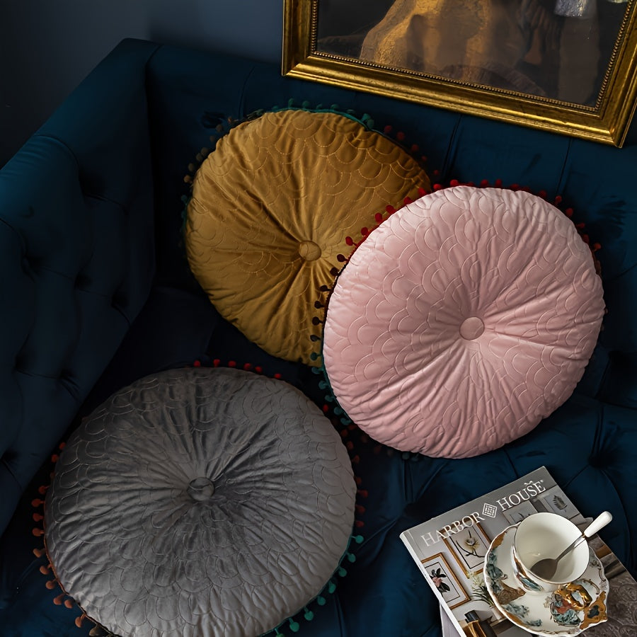 Galette de chaise ronde en velours matelassé à pompons, Ø 40 cm
