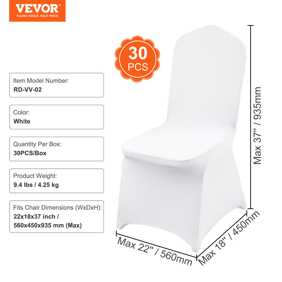 Housse de chaise blanche à poches de pied, carton de 30 unités