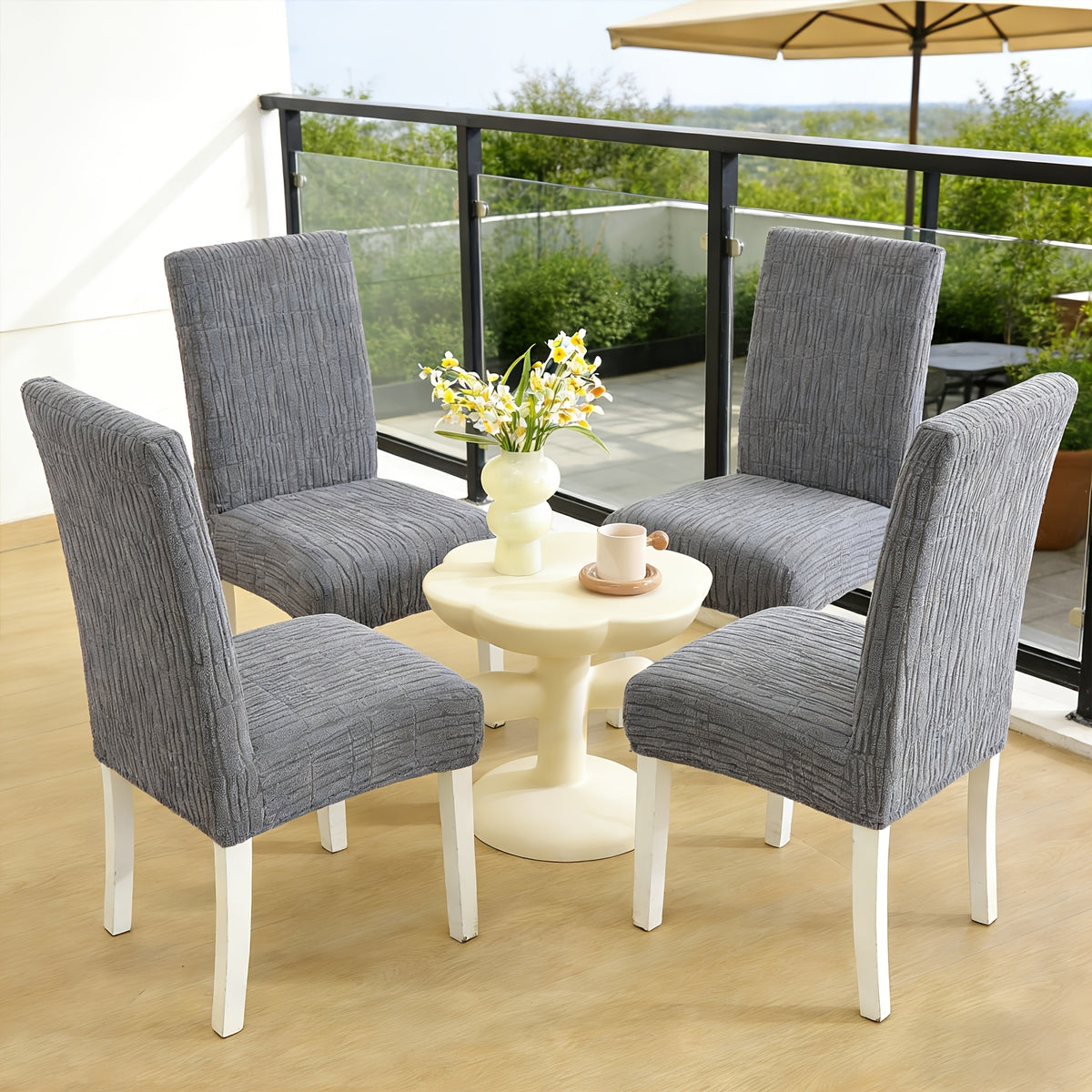Gris Clair [Motif à Lignes] / 4 housses de chaise