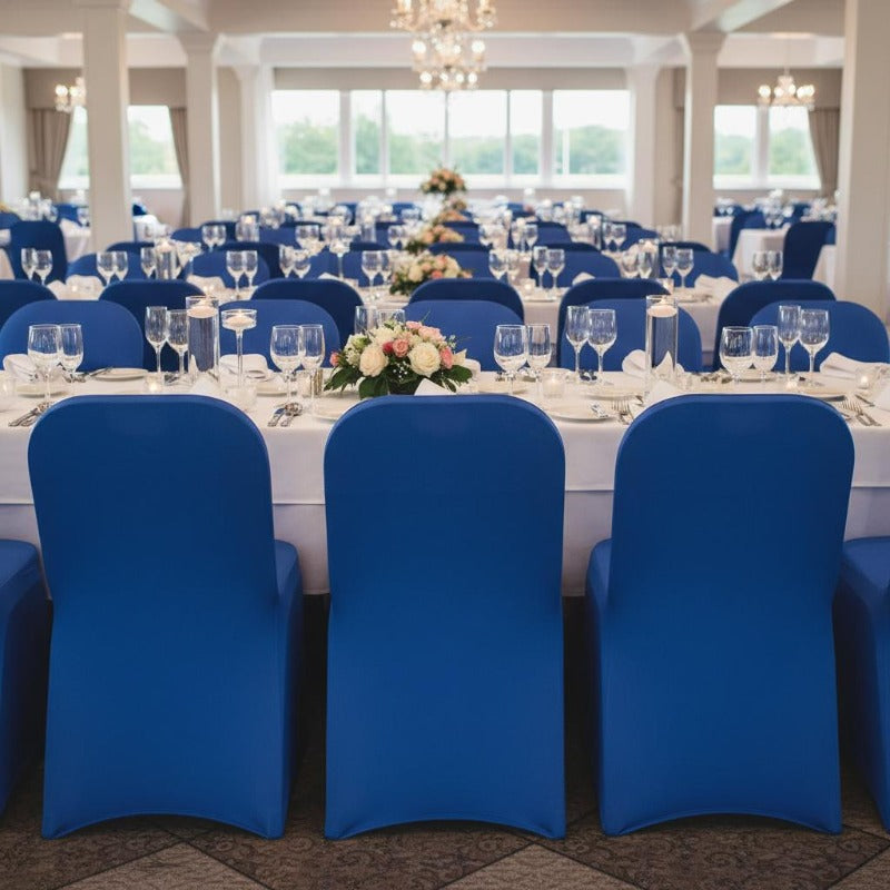 Housse de chaise bleue extensible pour banquet, lot de 50