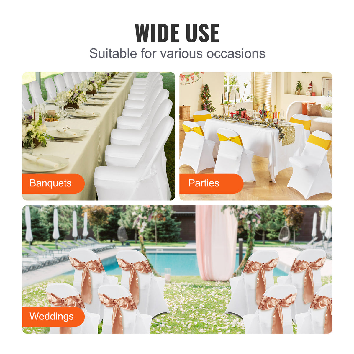 Housse de chaise pliante blanche extensible, lot de 50 pièces