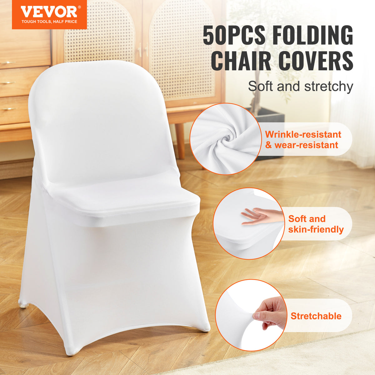 Housse de chaise pliante blanche extensible, lot de 50 pièces