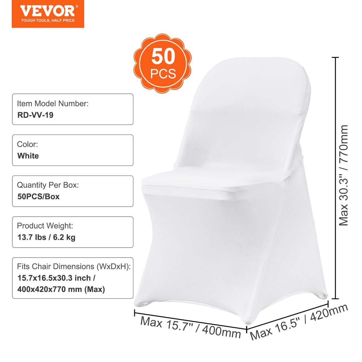 Housse de chaise pliante blanche extensible, lot de 50 pièces