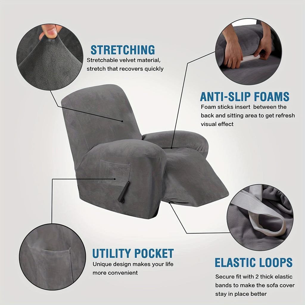 Housse de chaise relax inclinable en velours, poche latérale
