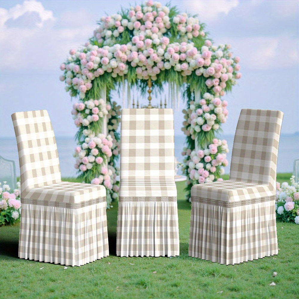 Housse de chaise vichy beige à jupe plissée, lot de 4 ou 6