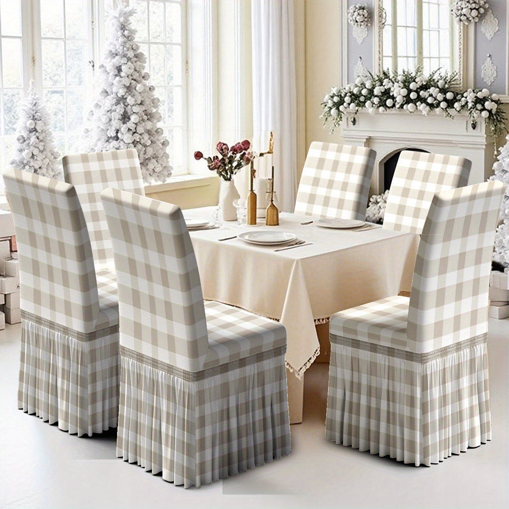 Housse de chaise vichy beige à jupe plissée, lot de 4 ou 6