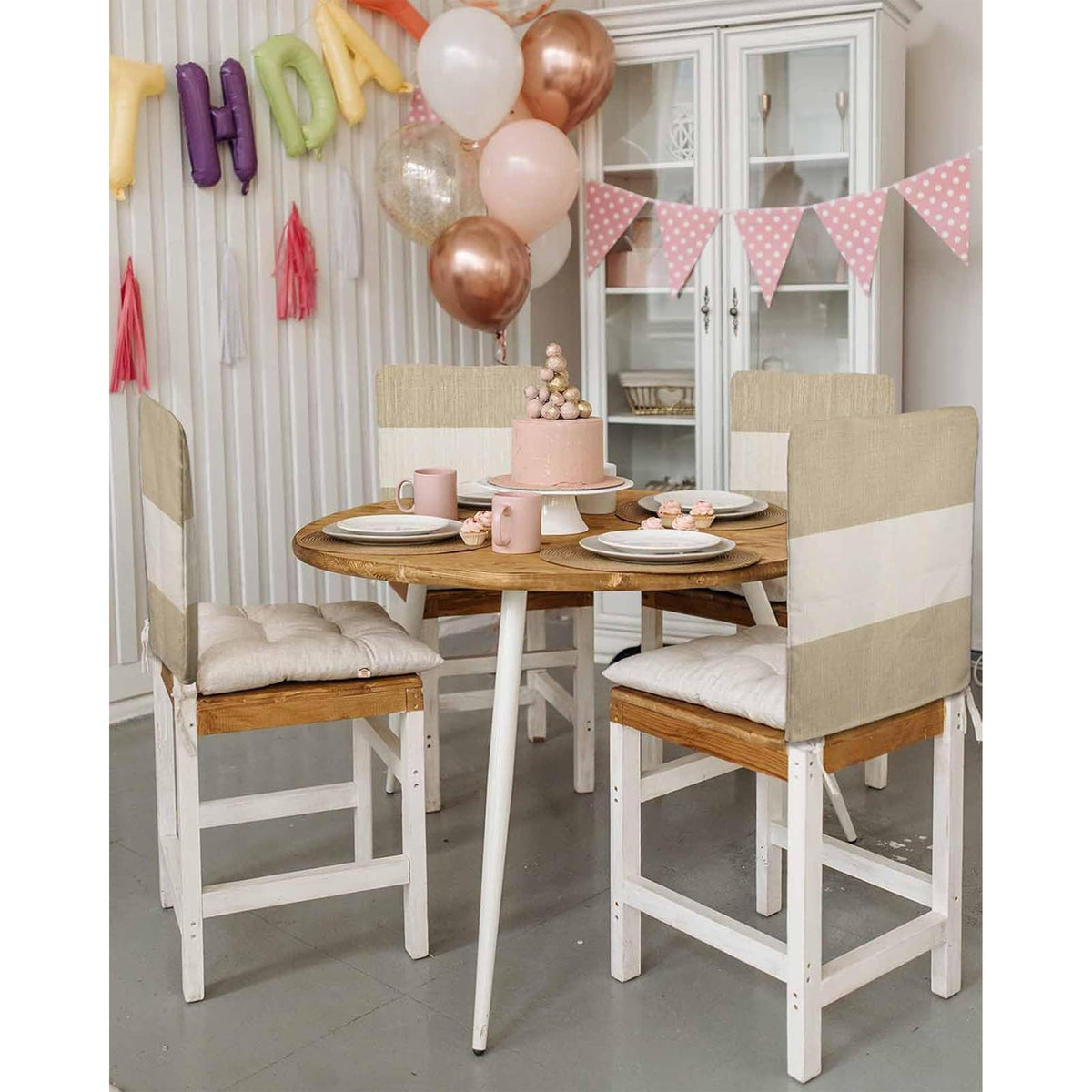Housse de dossier de chaise en lin à bandes kaki, lot de 4